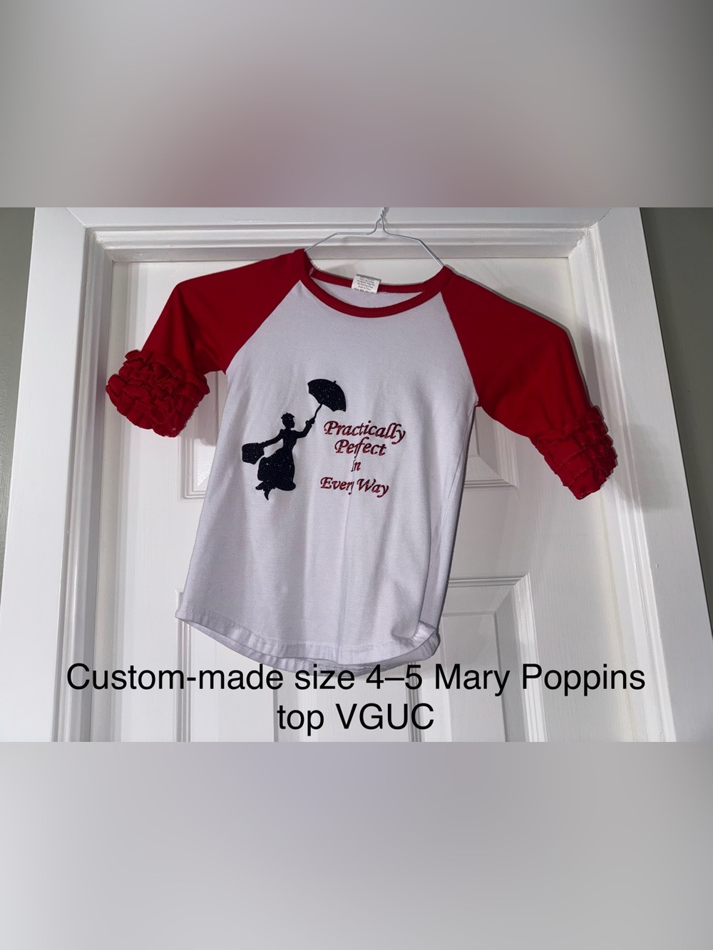 Girls White & Red Raglan Tee with Mary Poppins Silhouette